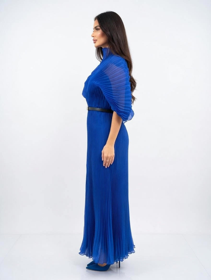 Sapphire Pleated Fan-Sleeve Gown
