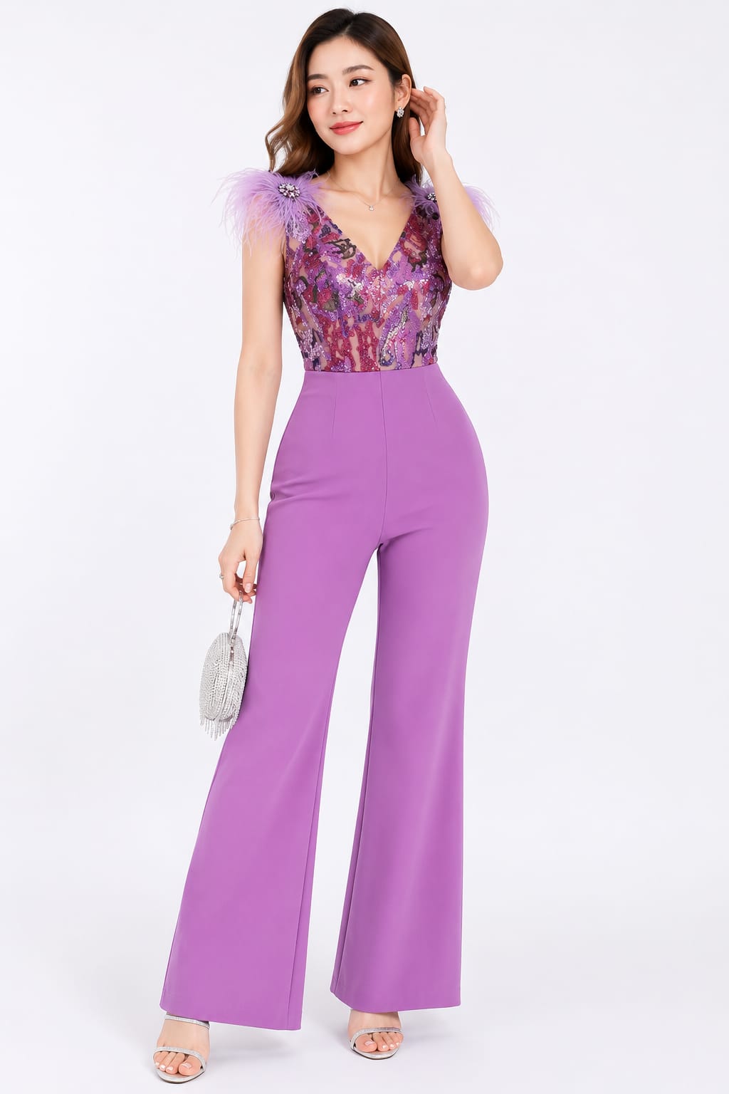 Lavender Sequin & Feather Jumpsuit