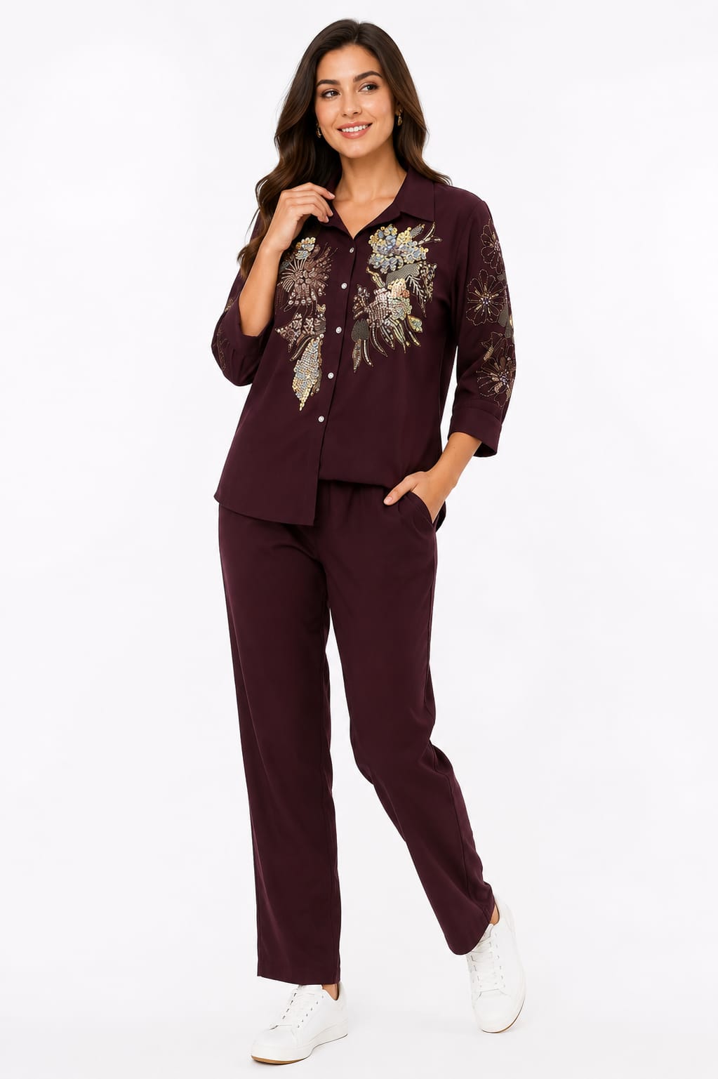 Maroon Dahlia Embroidered Lounge Set