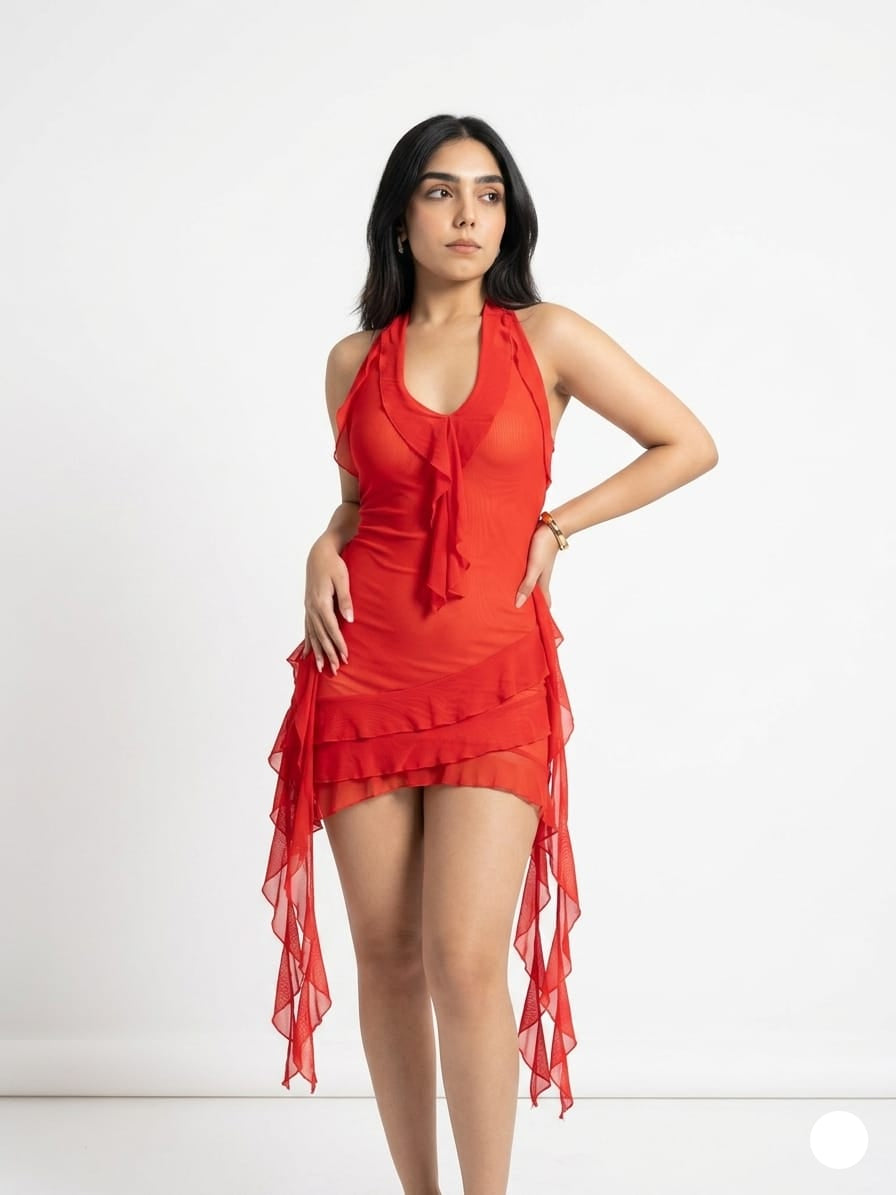 Poppy Red Sheer Layered Ruffle Dress