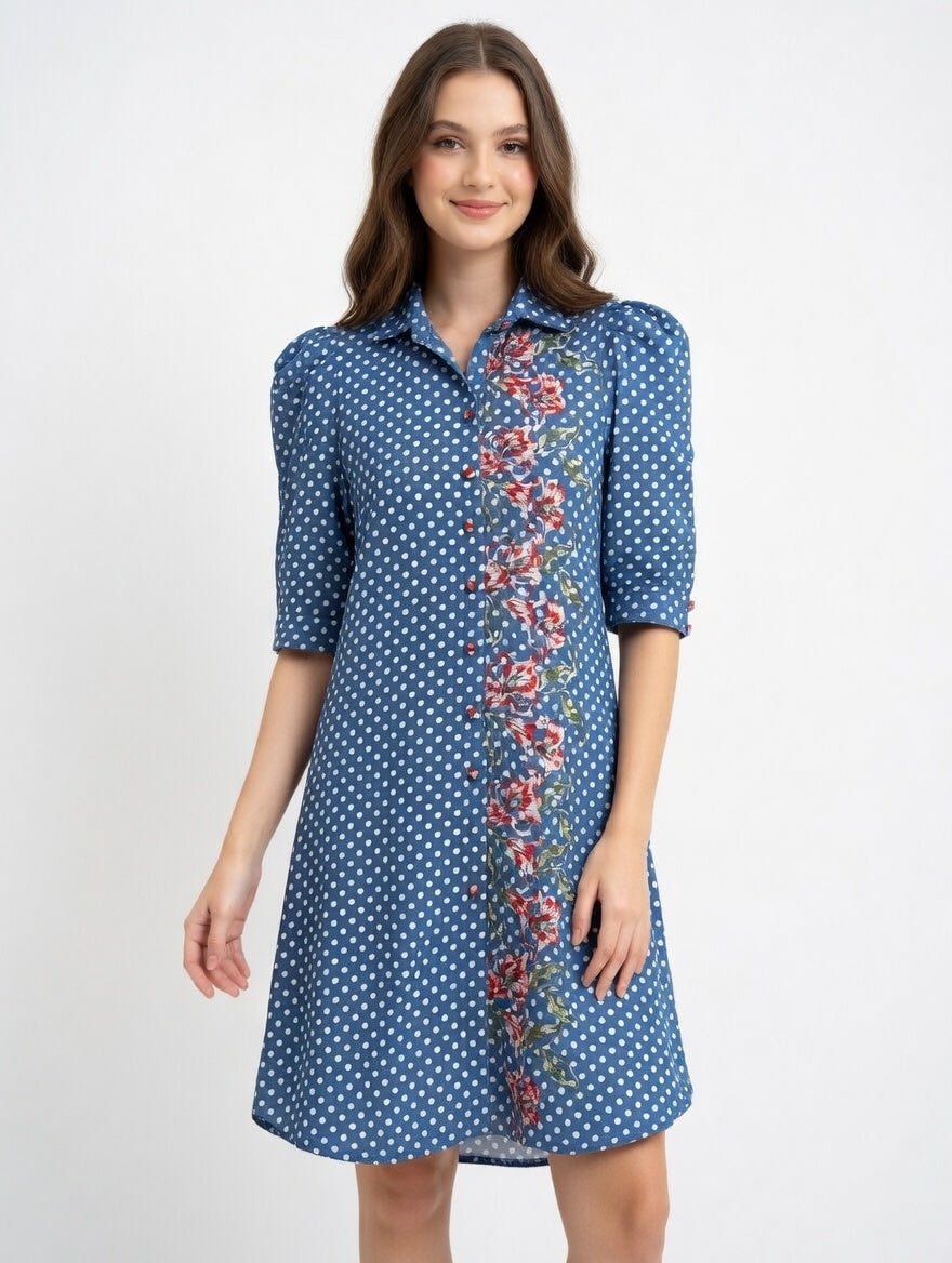 Indigo Blossom Polka Dress