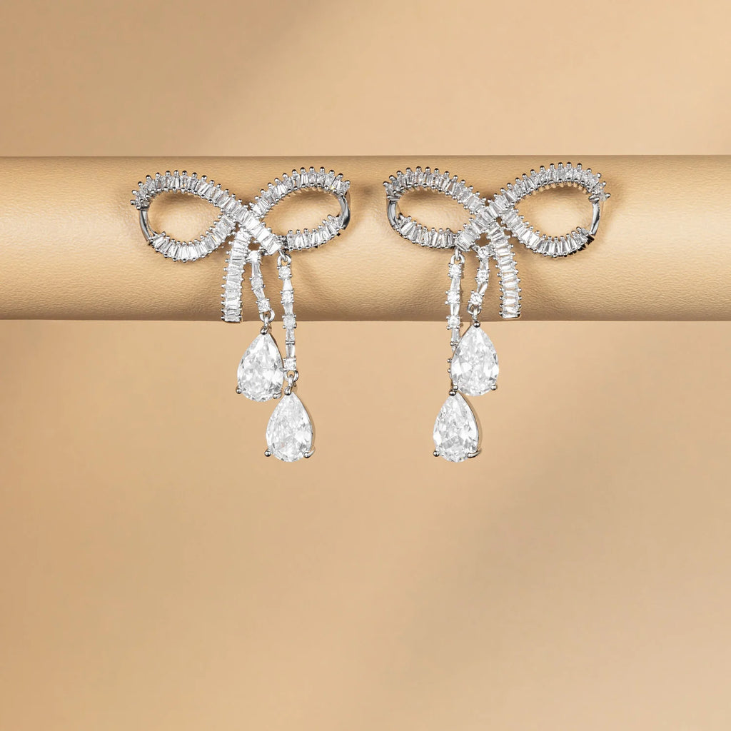 Silver Crystal Bow Drop Earrings