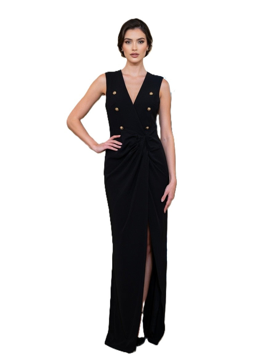 Regal Noir Double‑Button Slit Gown