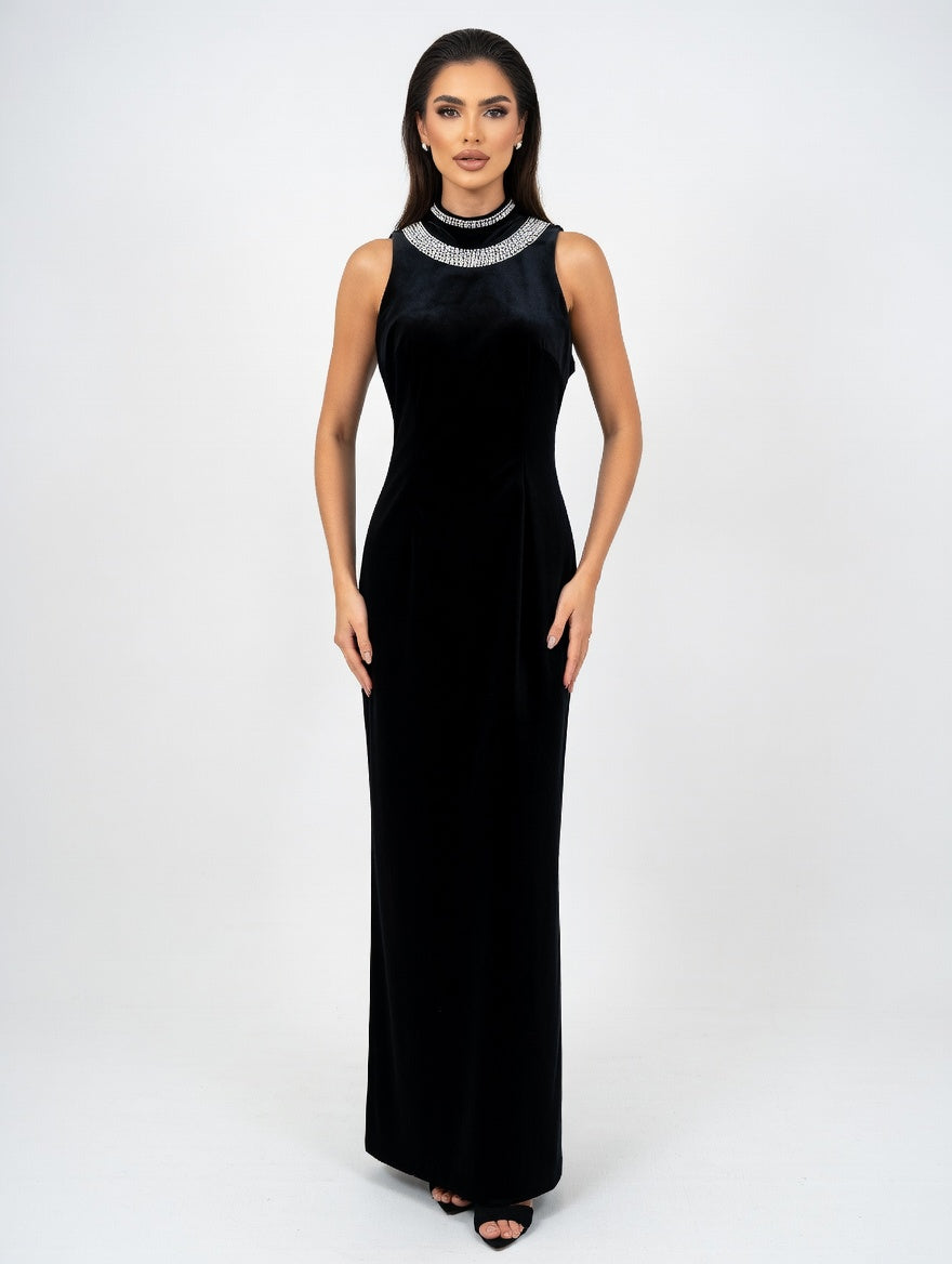 Crystal‑Edge Noir Evening Gown