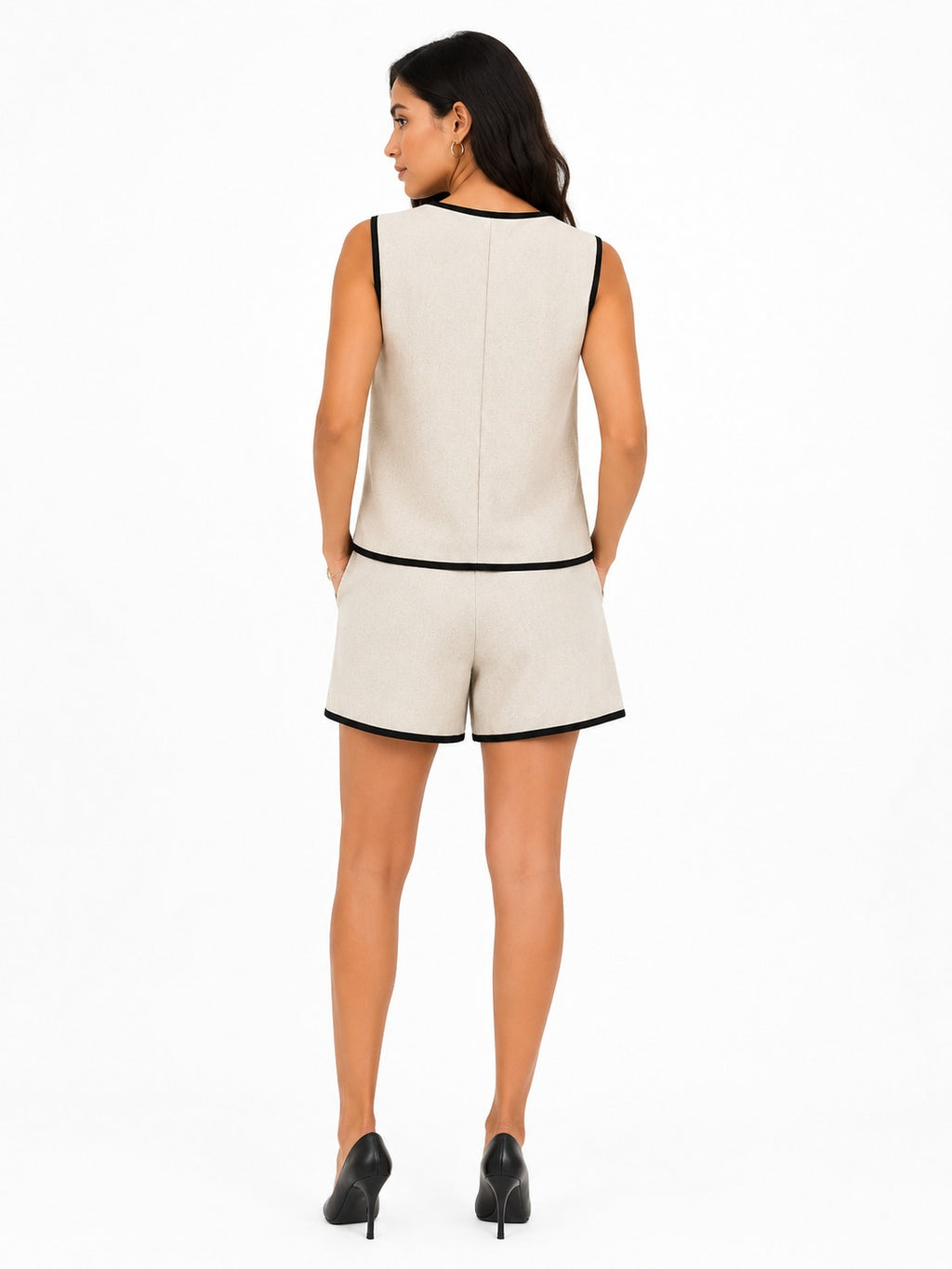 Ivory Black-Trim Tailored Vest Mini Co od set