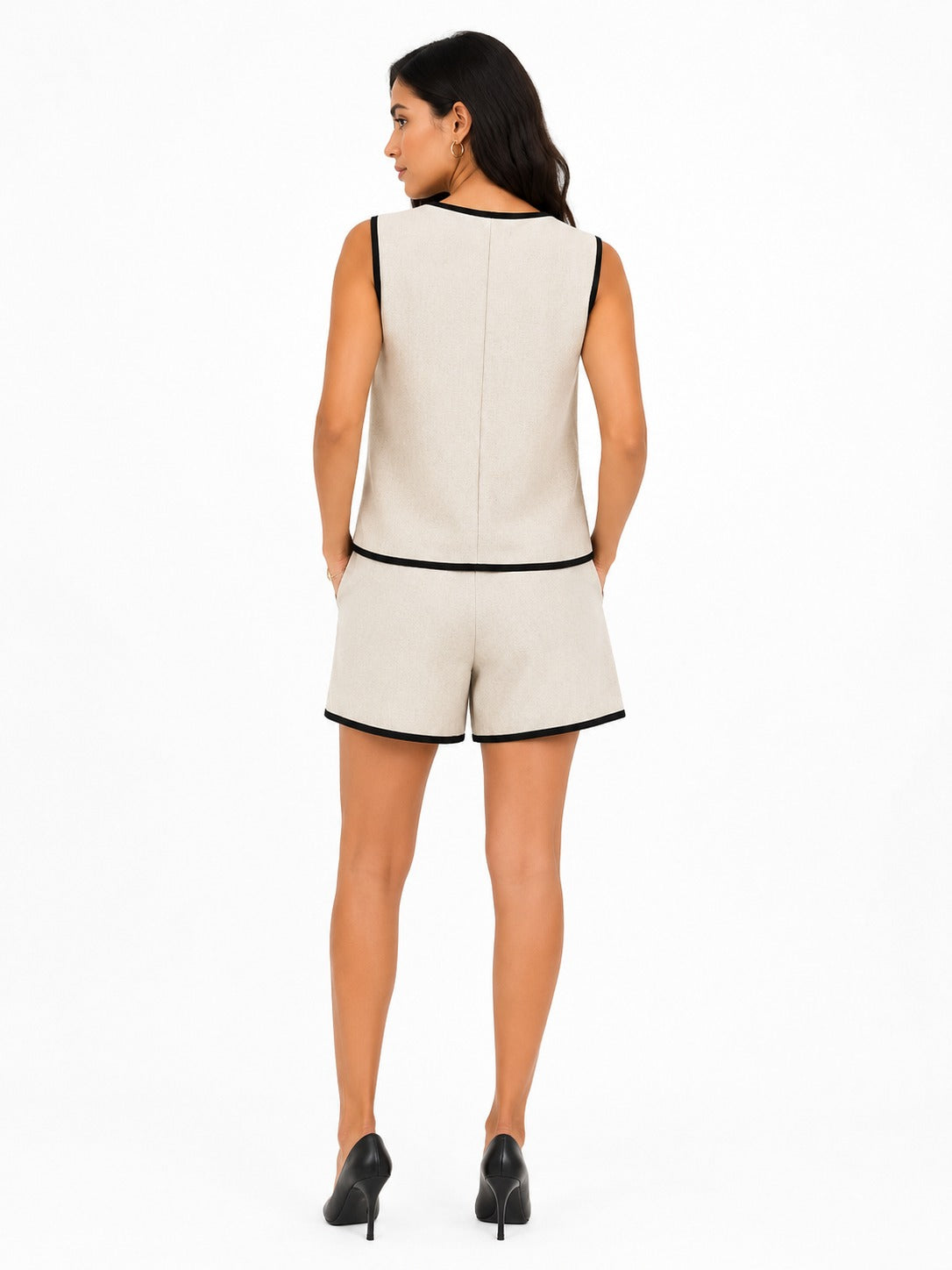 Ivory Black-Trim Tailored Vest Mini Co od set