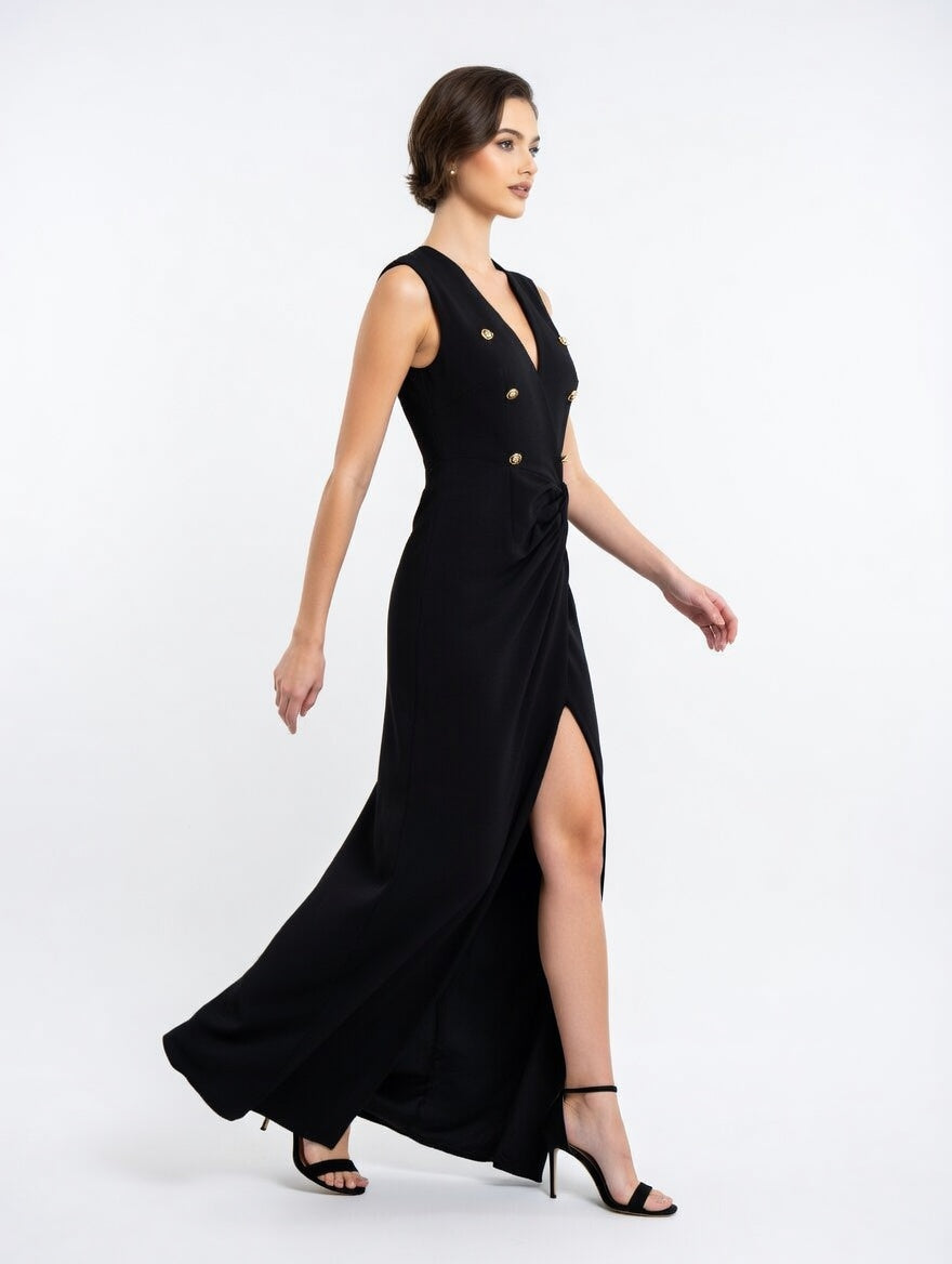 Regal Noir Double‑Button Slit Gown