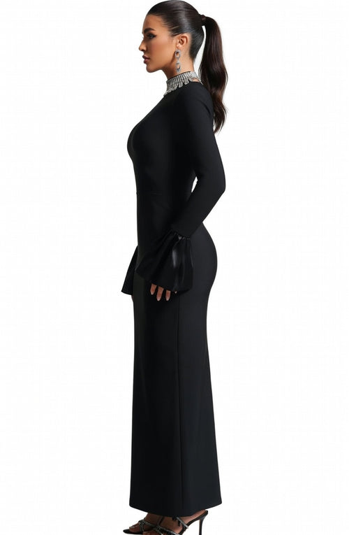 Black Opulence Flare-Sleeve Gown