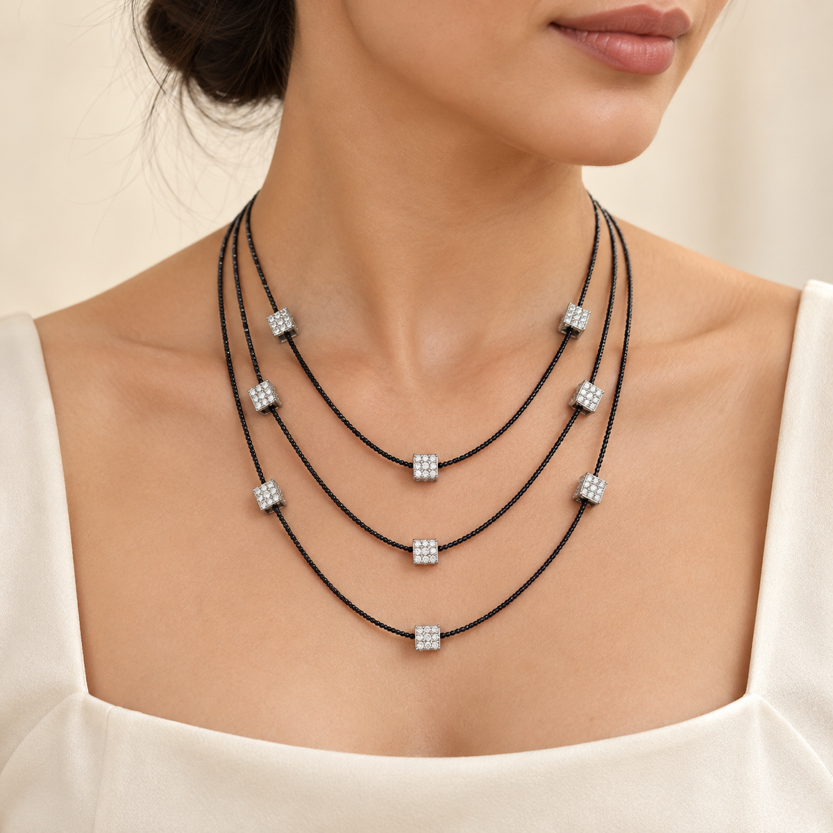 Silver Cube Layered Necklace – Anaqa — model image