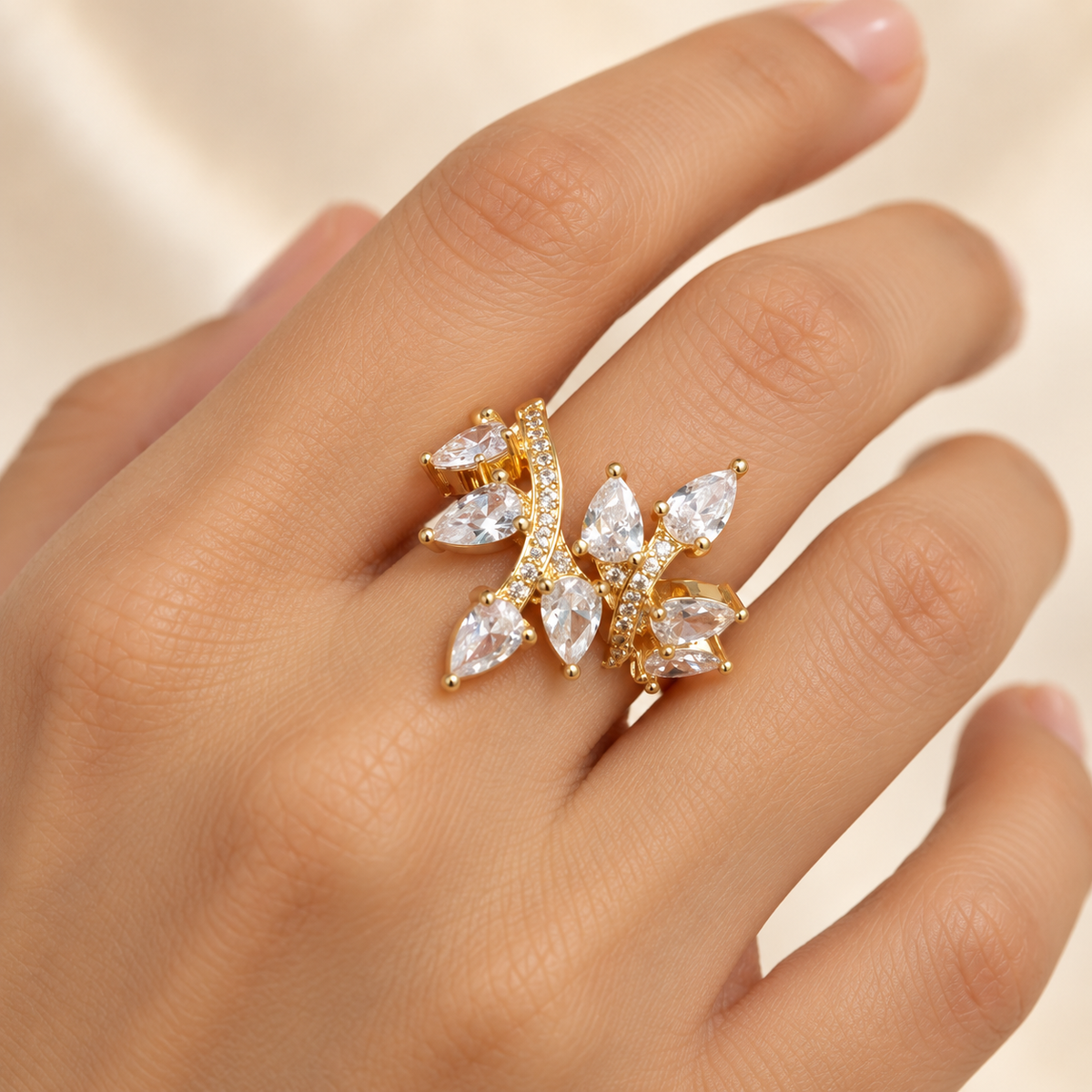 Golden Crystal Blossom Ring – Anaqa — model image