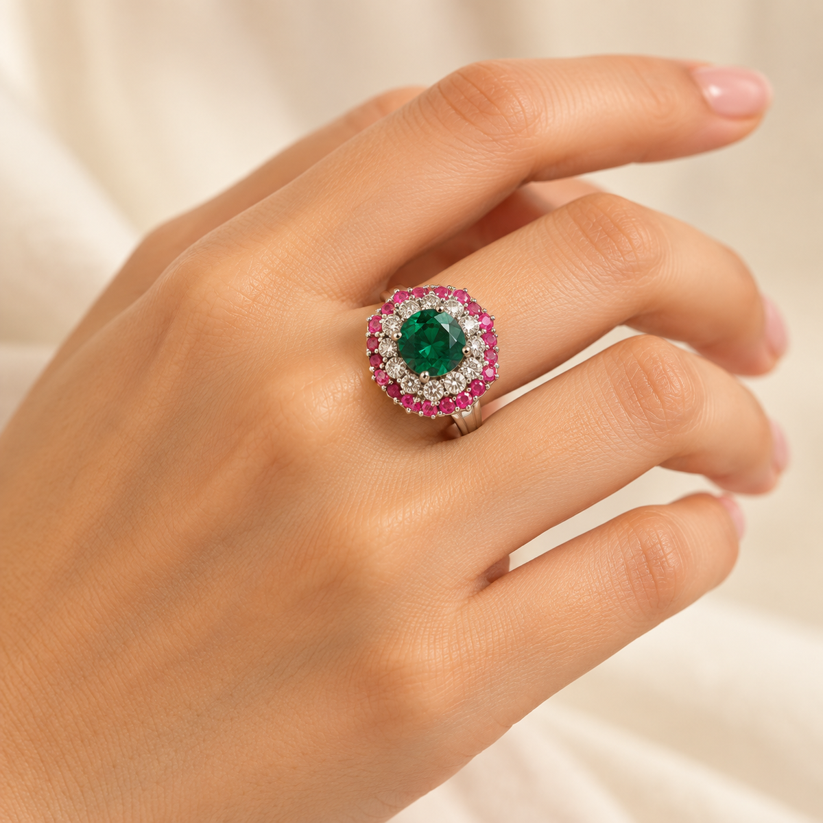 Emerald Halo Solitaire Ring – Anaqa — model image