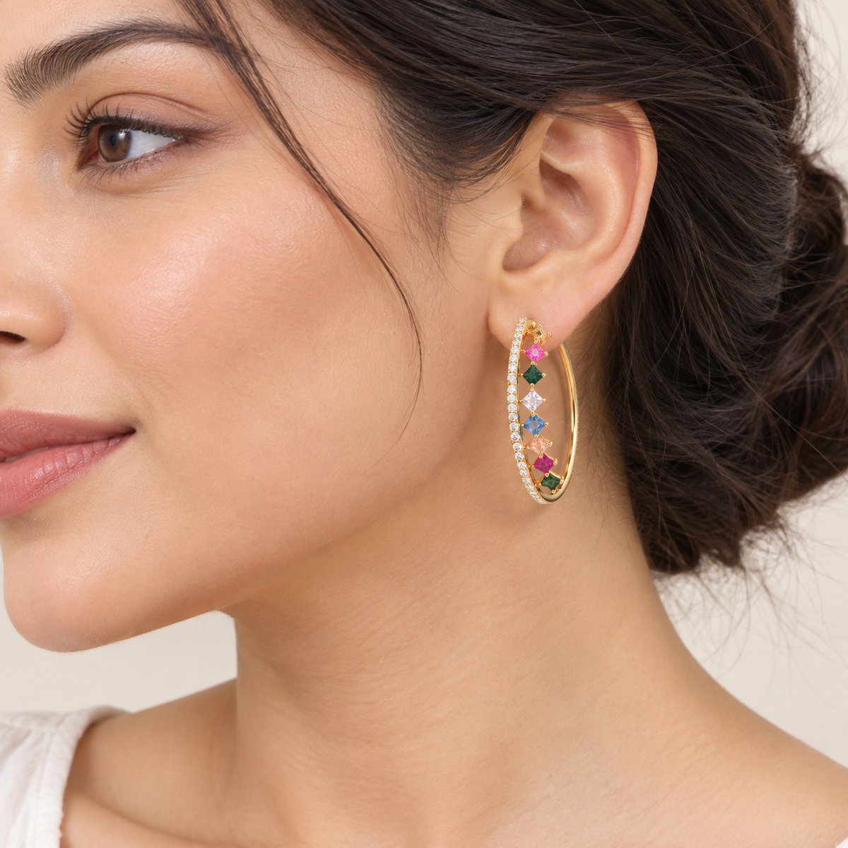 Rainbow Crystal Hoop Earrings by Anaqa — model image