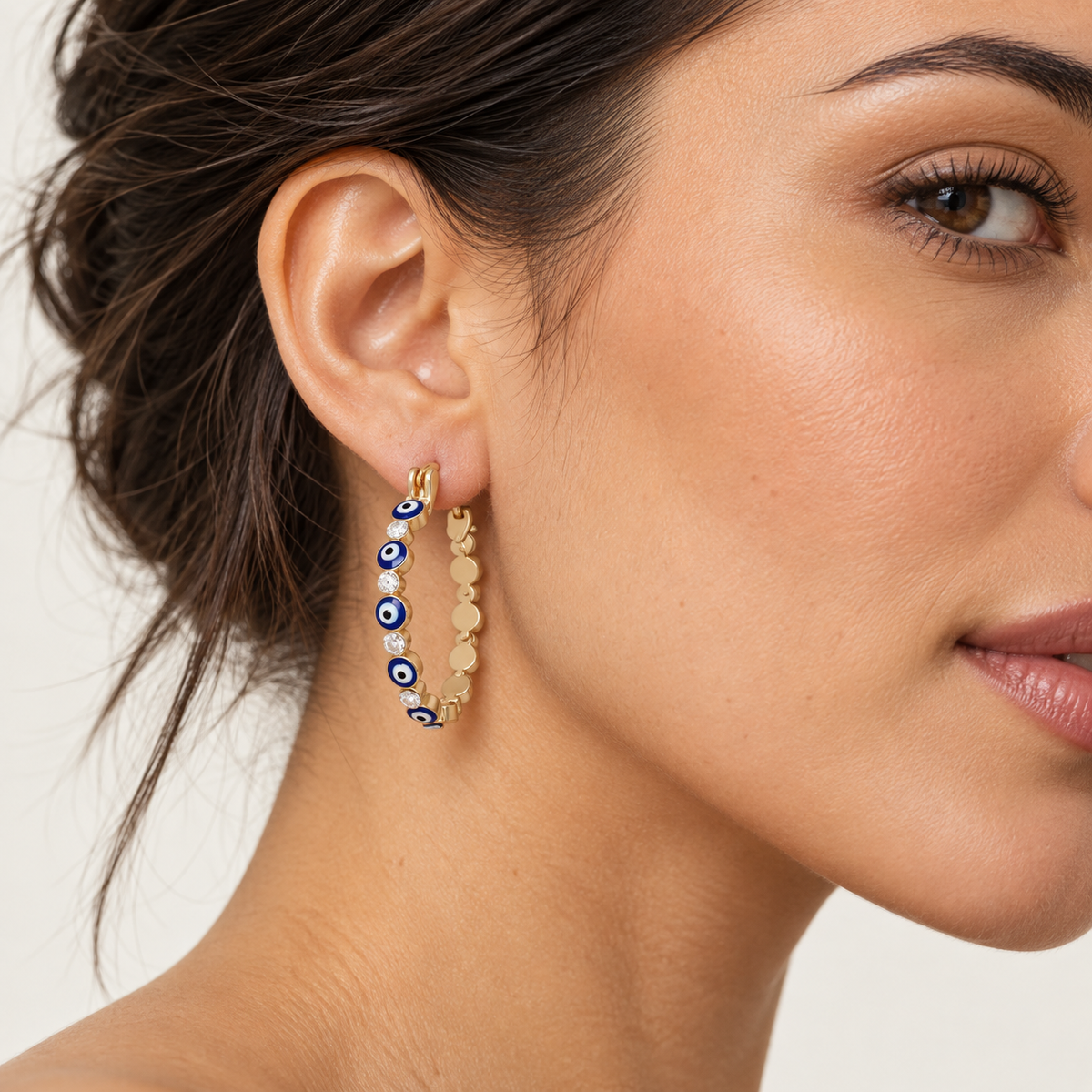 Golden Evil Eye Hoop Earrings – Anaqa — model image