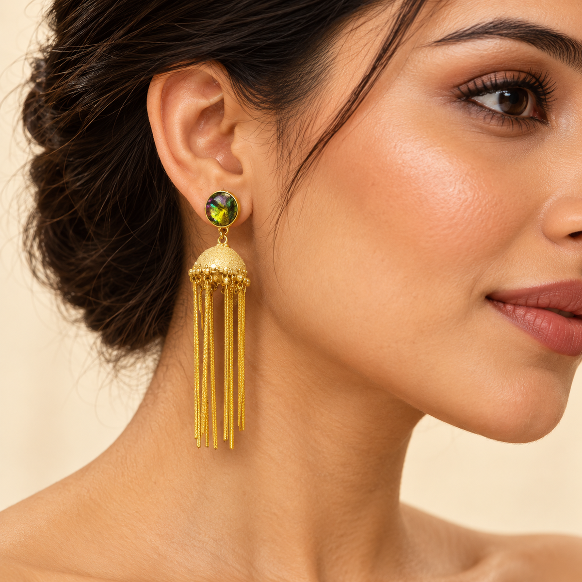 Emerald Golden Fringe Earrings – Anaqa — model image