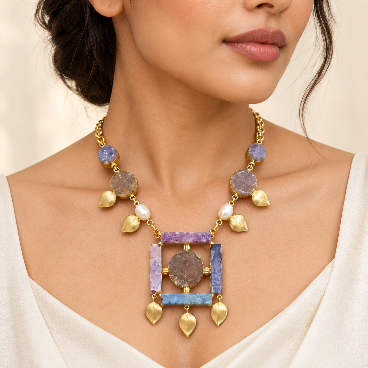 Violet Geometric Statement Necklace – Anaqa — model image