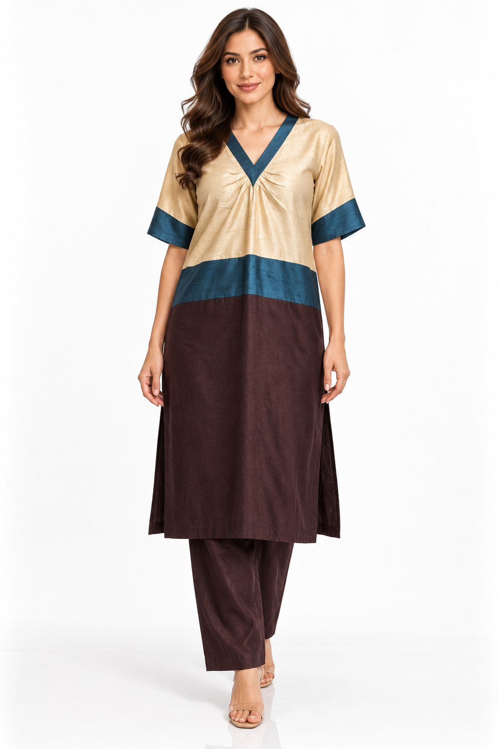 Champagne petrol blue and chocolate tunic trouser set front view