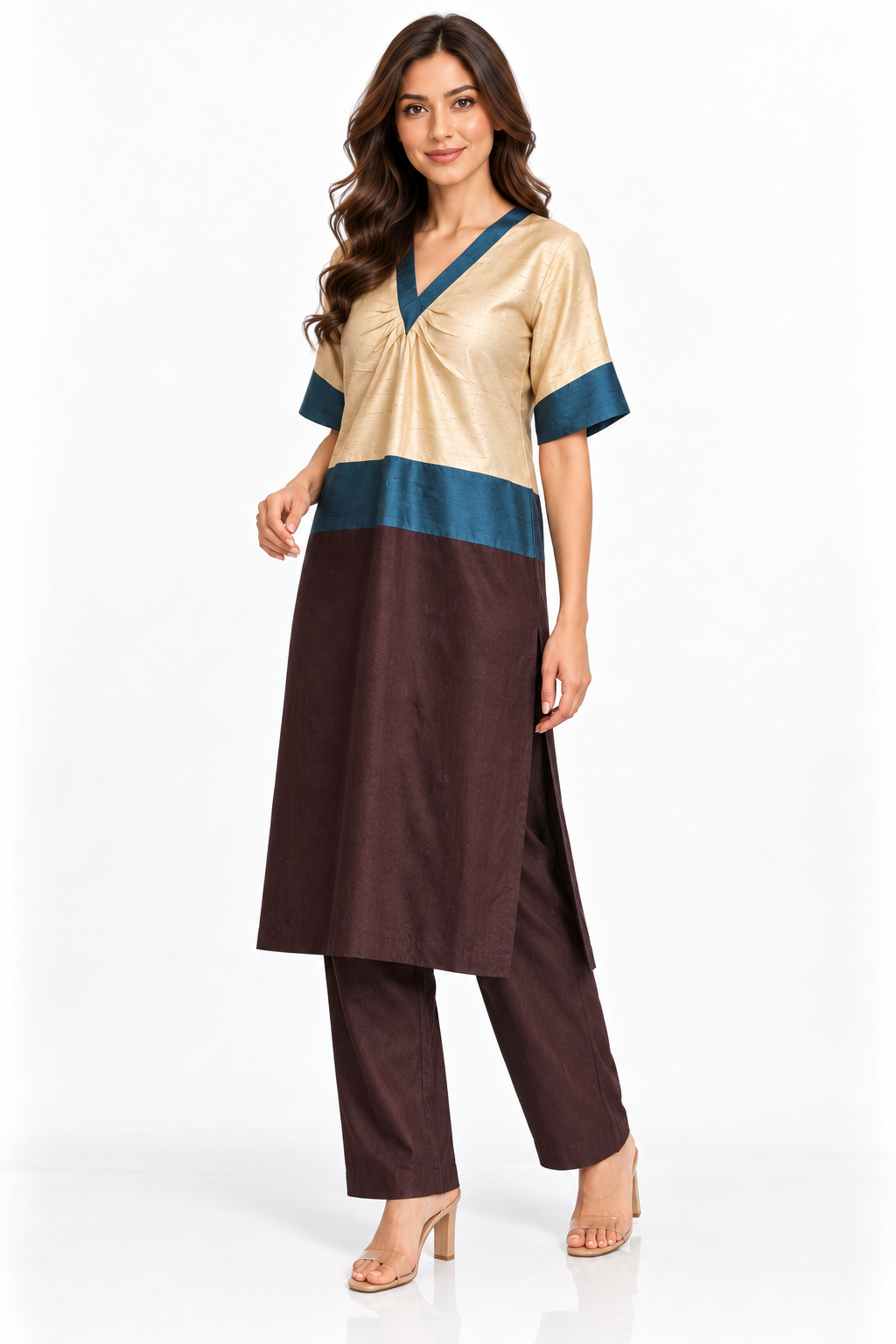 Champagne petrol blue and chocolate tunic trouser set angled view