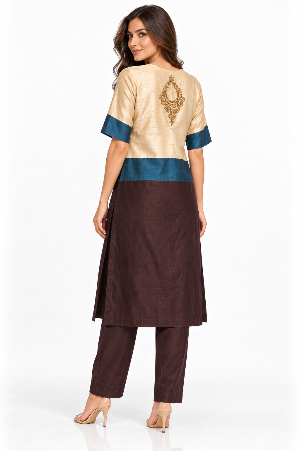 Champagne petrol blue and chocolate tunic trouser set back view