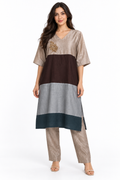 Taupe colour-block gold applique tunic and trousers front view