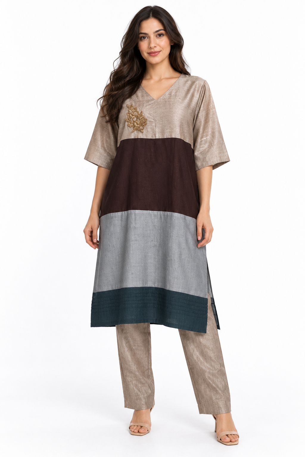 Taupe colour-block gold applique tunic and trousers front view
