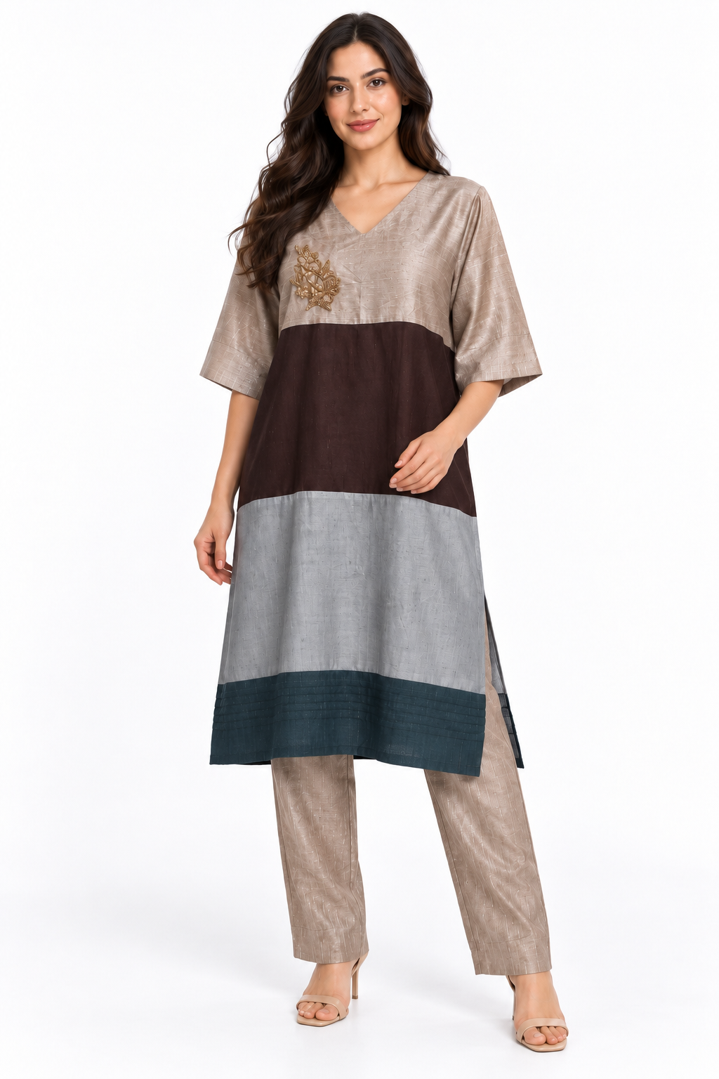 Taupe colour-block gold applique tunic and trousers angled view