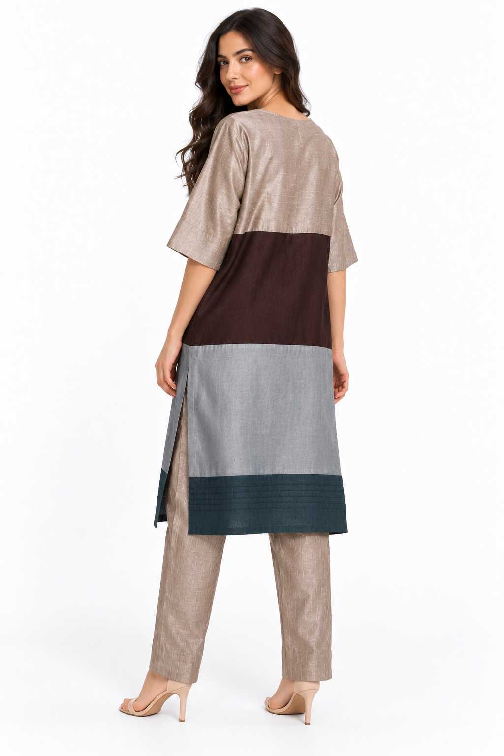 Taupe colour-block gold applique tunic and trousers back view