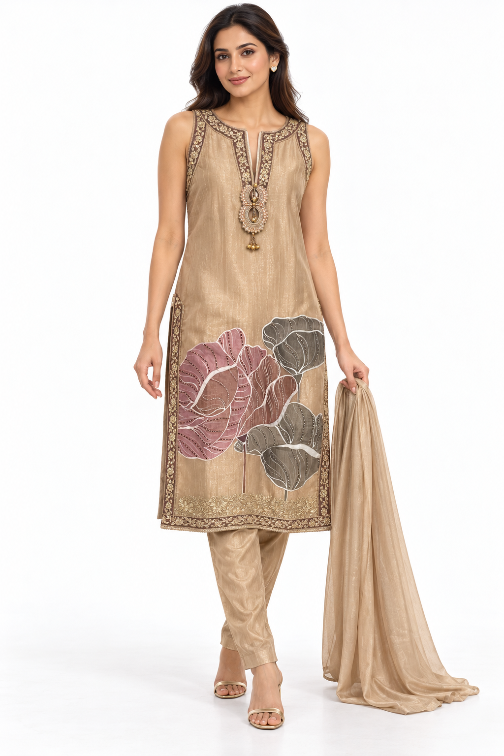 champagne embellished kurta set white studio pose 1; illustrative dupatta pending review