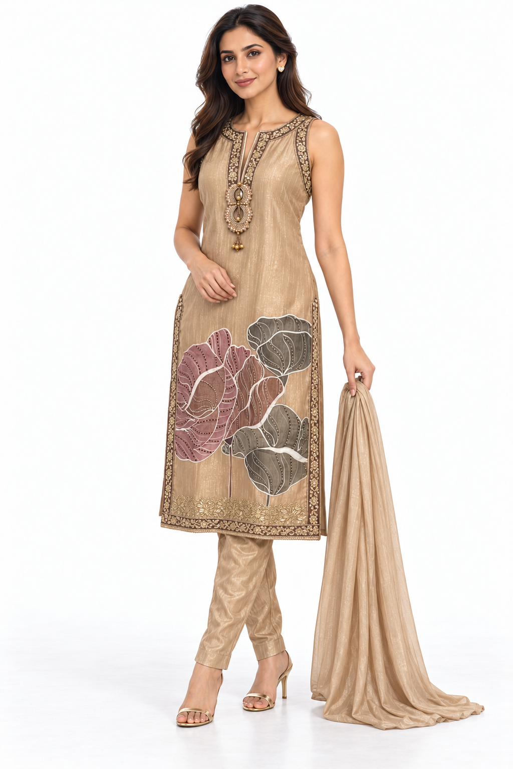 champagne embellished kurta set white studio pose 2; illustrative dupatta pending review
