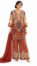 Rust ivory floral kurta palazzo, white studio model pose 1; illustrative dupatta pending review