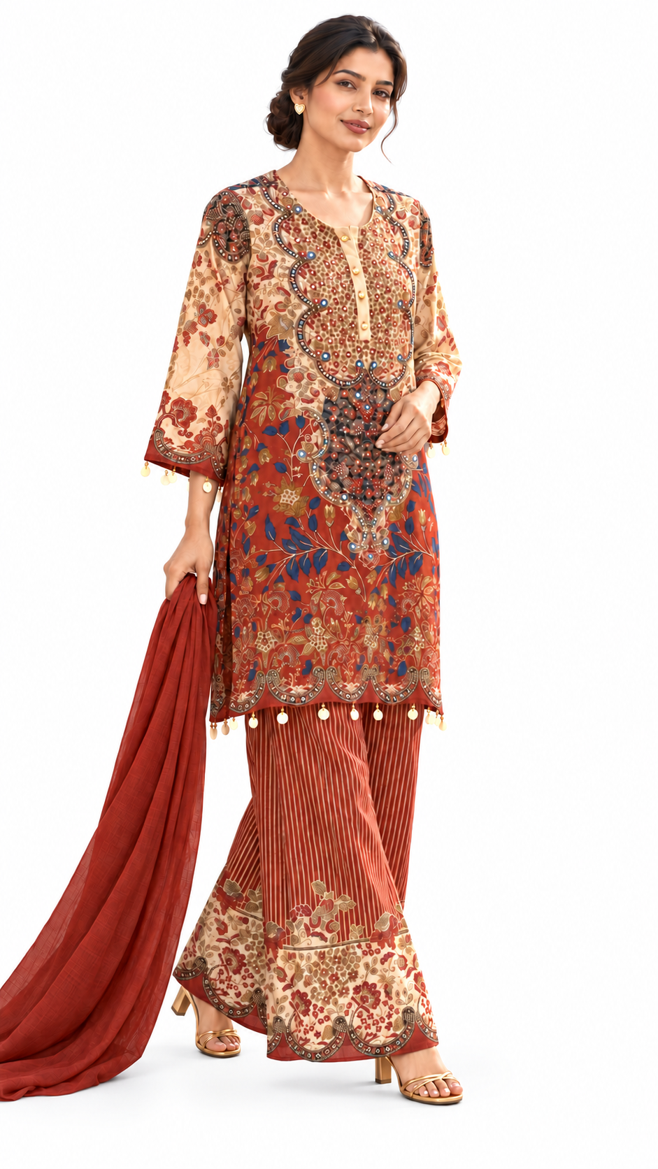 Rust ivory floral kurta palazzo, white studio model pose 2; illustrative dupatta pending review