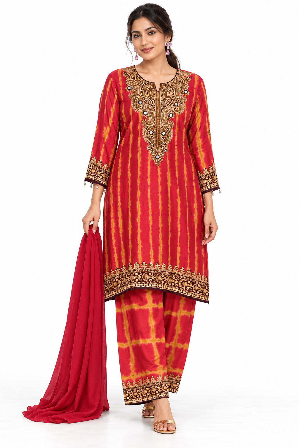 Red mustard embellished kurta trouser set, white studio model pose 1; illustrative dupatta pending review