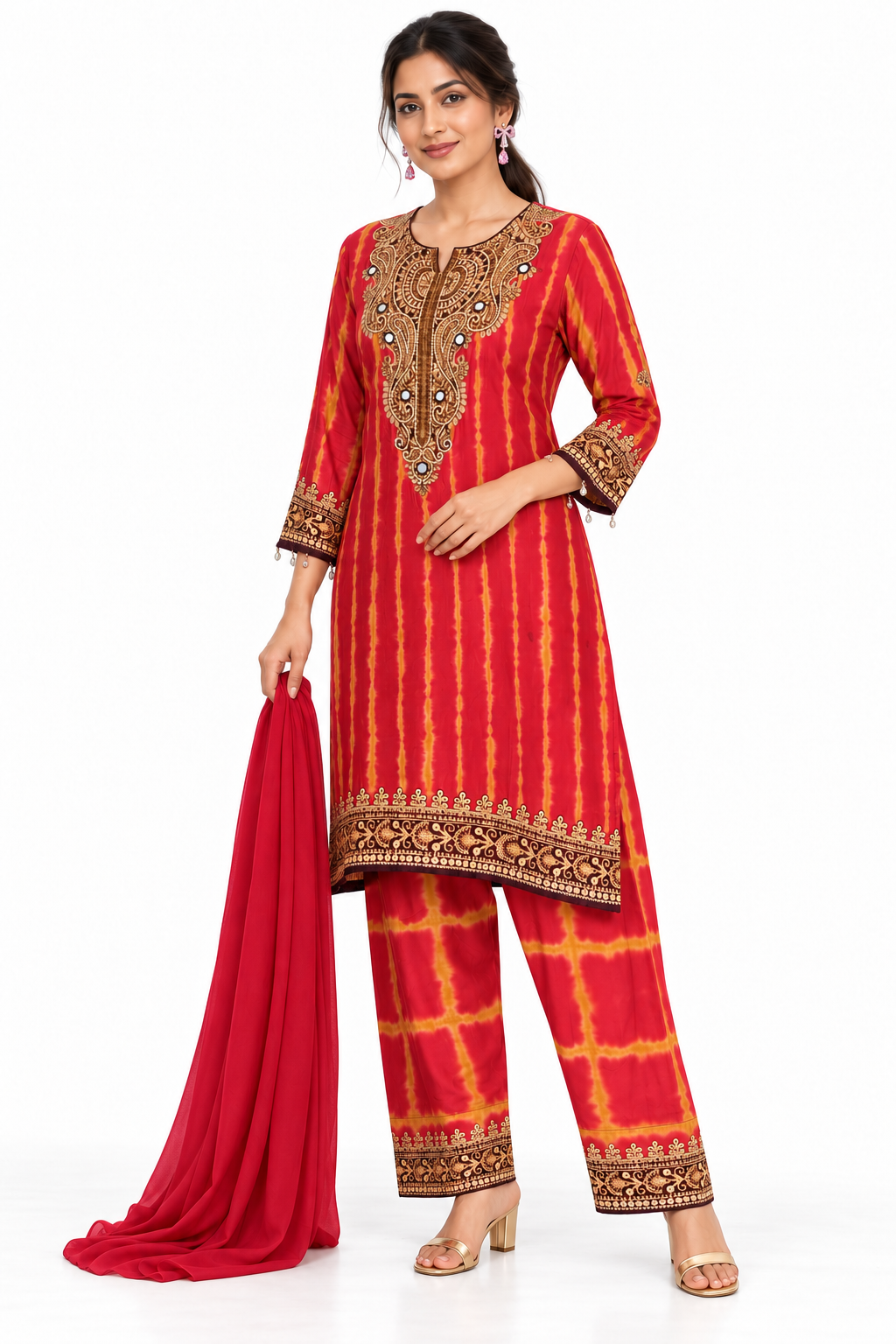Red mustard embellished kurta trouser set, white studio model pose 2; illustrative dupatta pending review