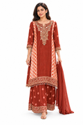 Rust mirror-embellished kurta palazzo, white studio model pose 1; illustrative dupatta pending review