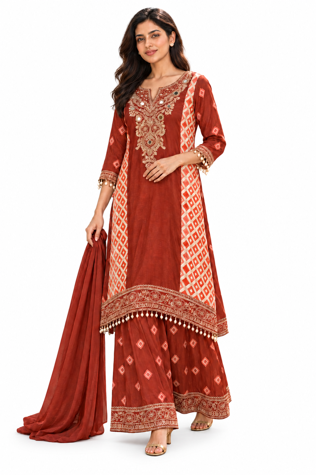 Rust mirror-embellished kurta palazzo, white studio model pose 2; illustrative dupatta pending review