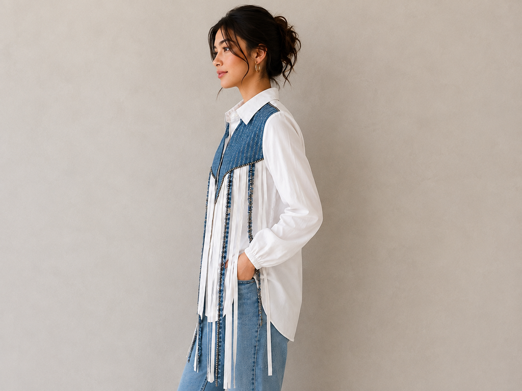 BLUE & WHITE EMBELLISHED PANEL SHIRT