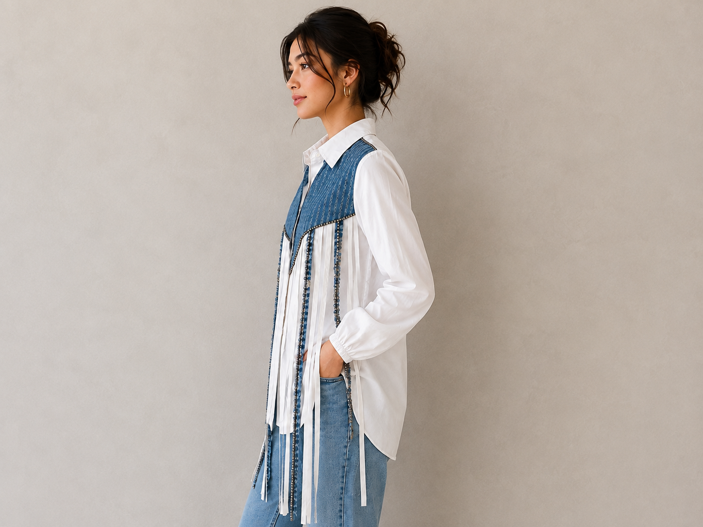 BLUE & WHITE EMBELLISHED PANEL SHIRT