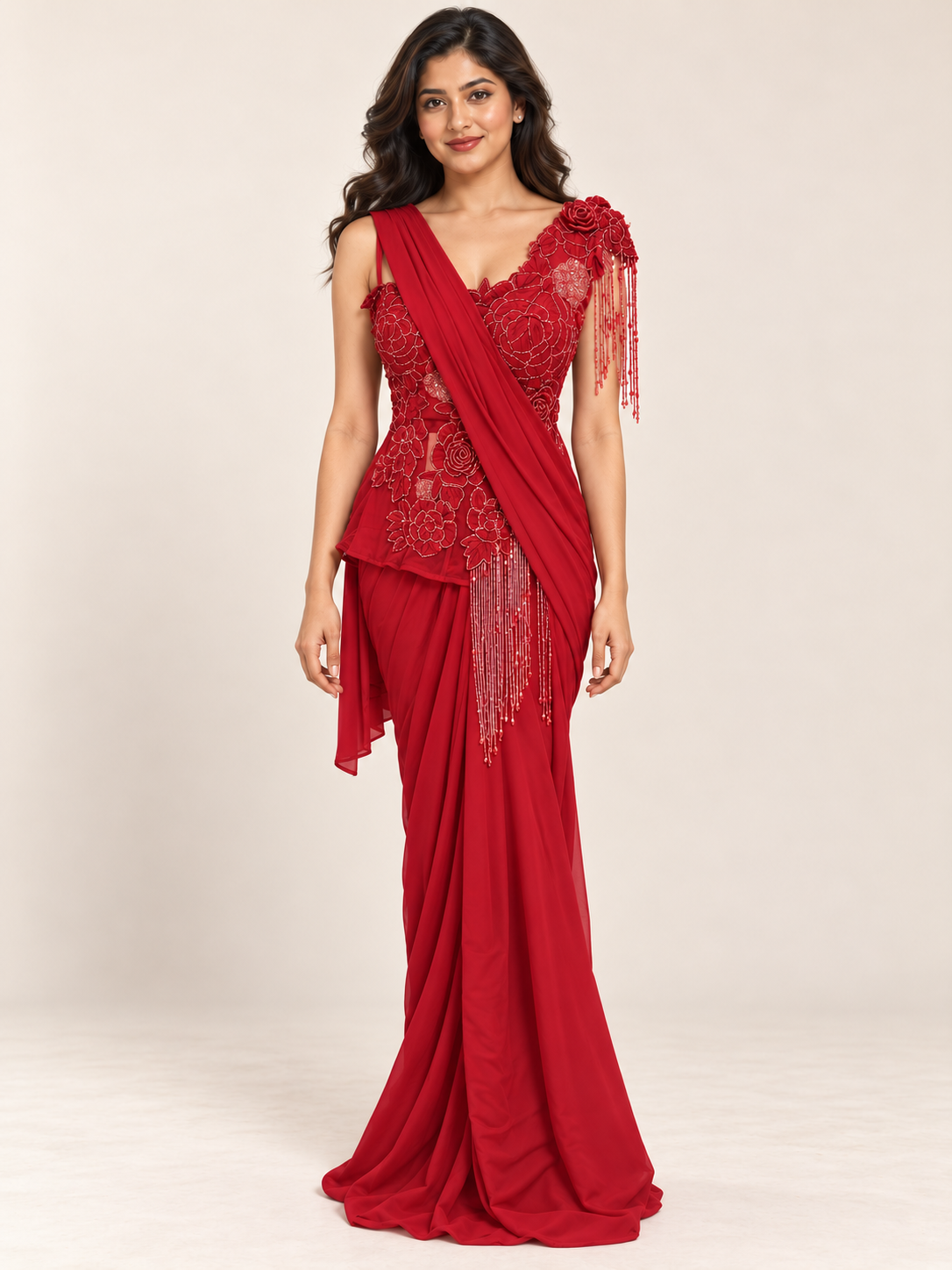 Crimson Rose Embroidered Drape Saree — AI-assisted model styling; consult actual garment photos for fit and detail