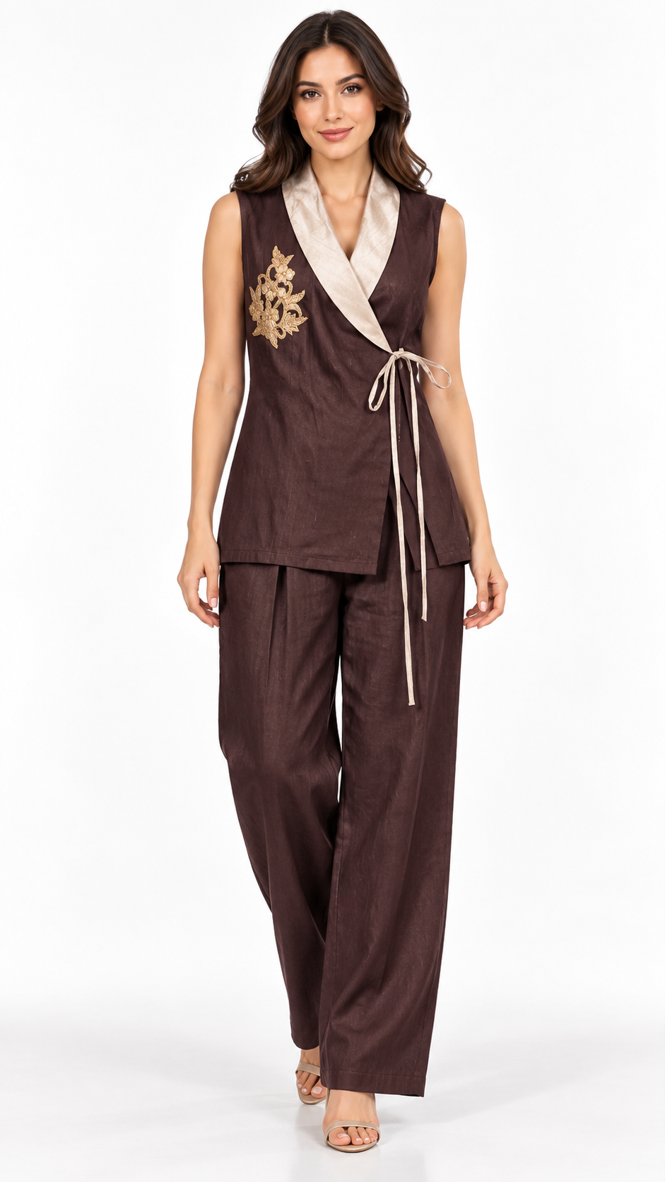 Chocolate brown embroidered waistcoat and trouser co-ord, standing model pose 1