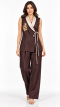Chocolate brown embroidered waistcoat and trouser co-ord, standing model pose 1