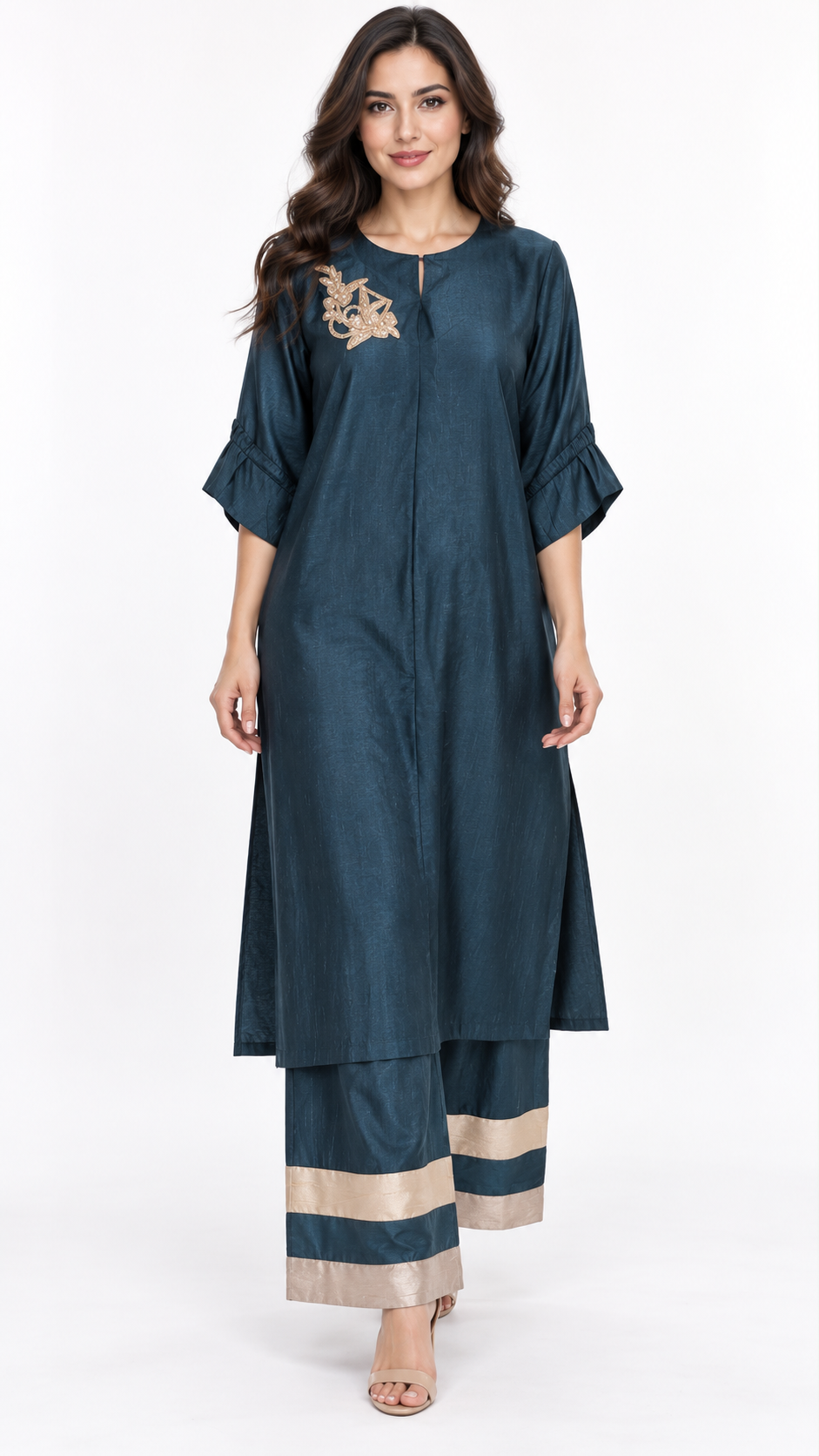 Petrol teal gold floral tunic and champagne-banded trouser set, standing pose 1