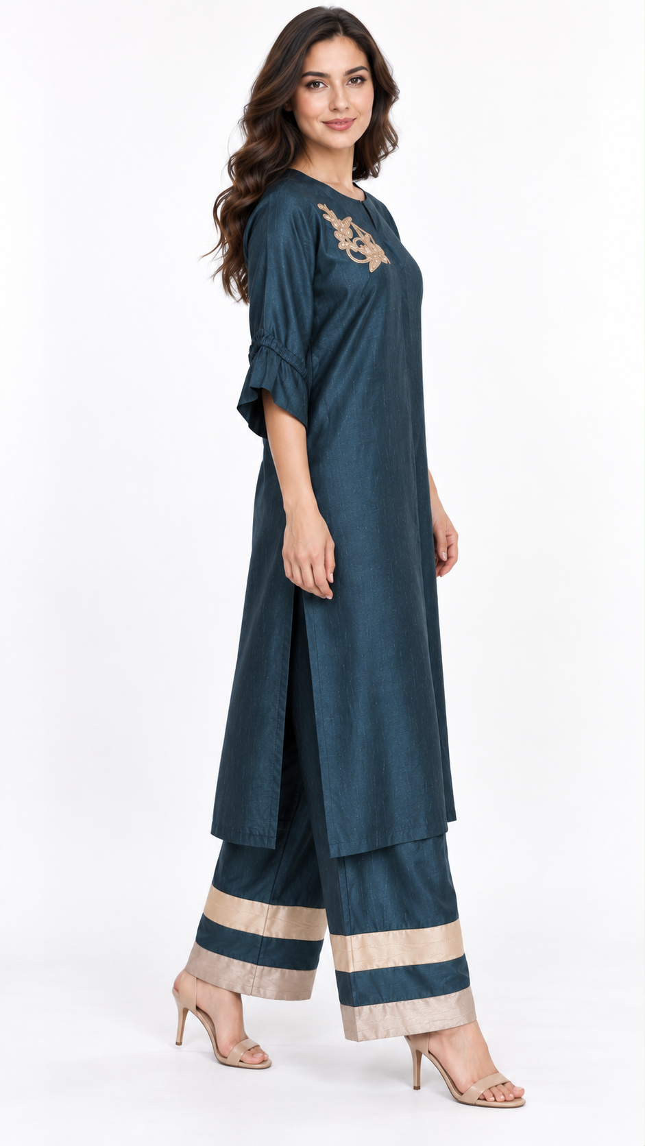 Petrol teal gold floral tunic and champagne-banded trouser set, side pose 3