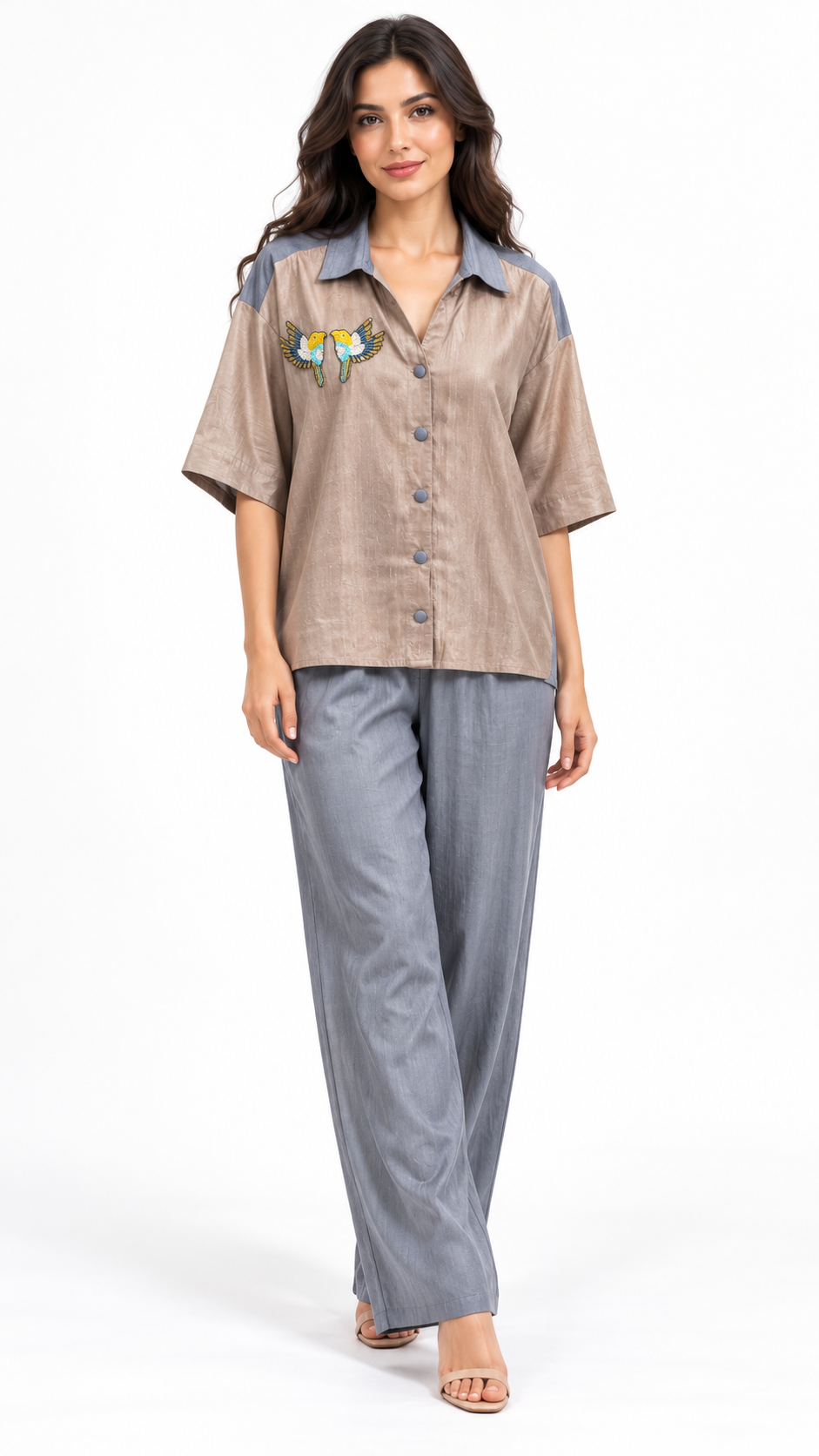 Taupe and steel grey bird-embroidered co-ord model pose 1