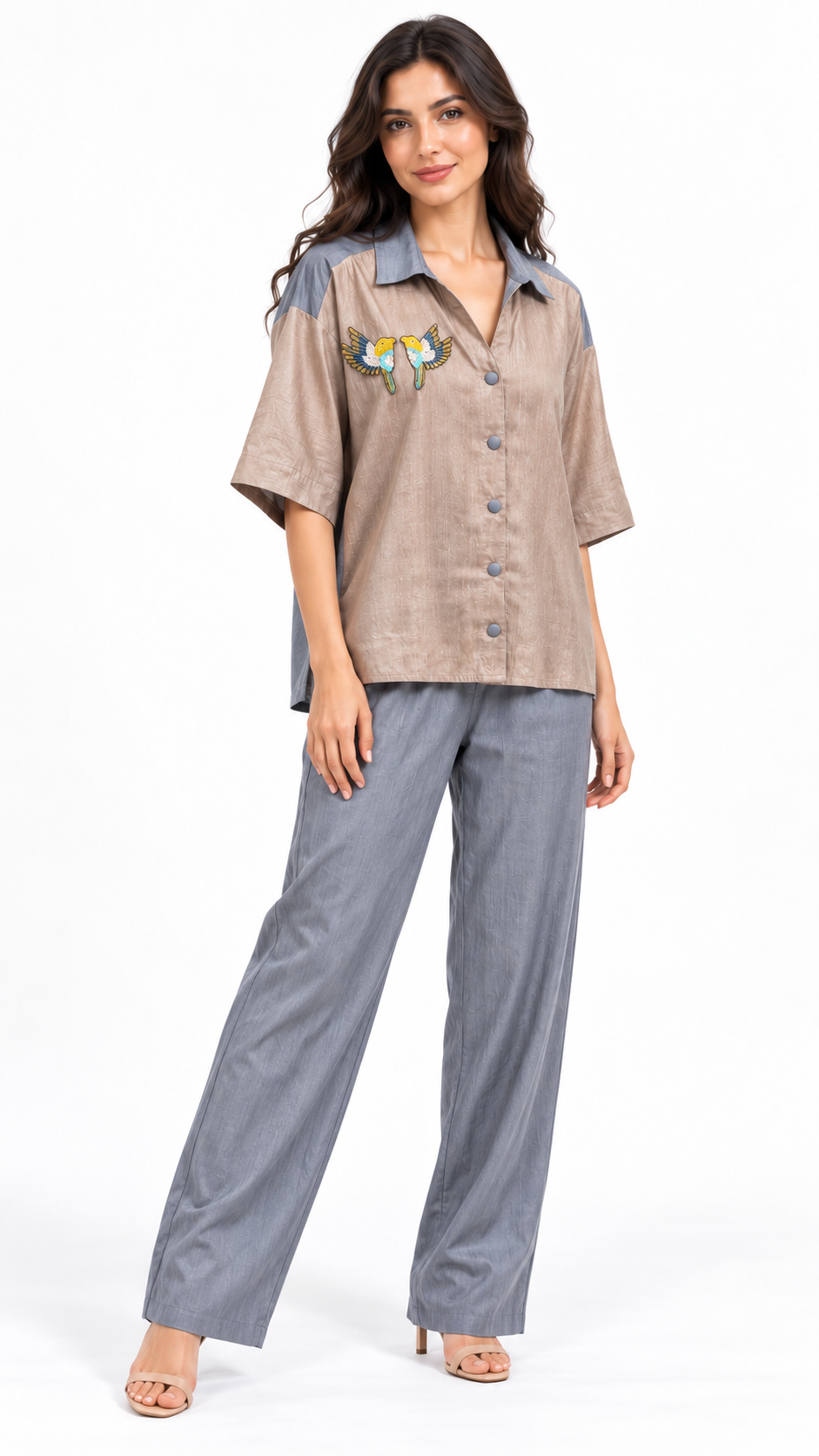 Taupe and steel grey bird-embroidered co-ord model pose 2