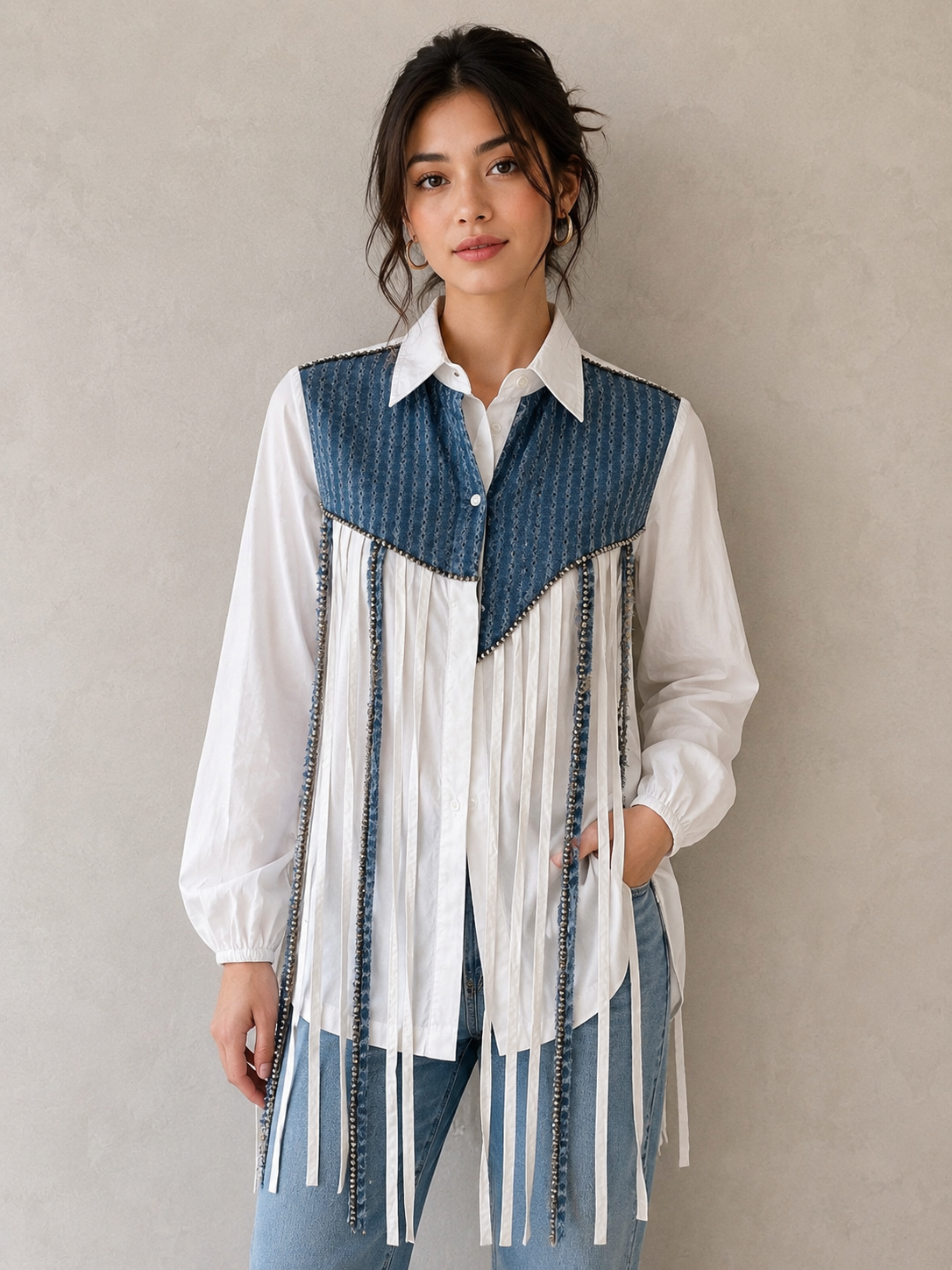 BLUE & WHITE EMBELLISHED PANEL SHIRT