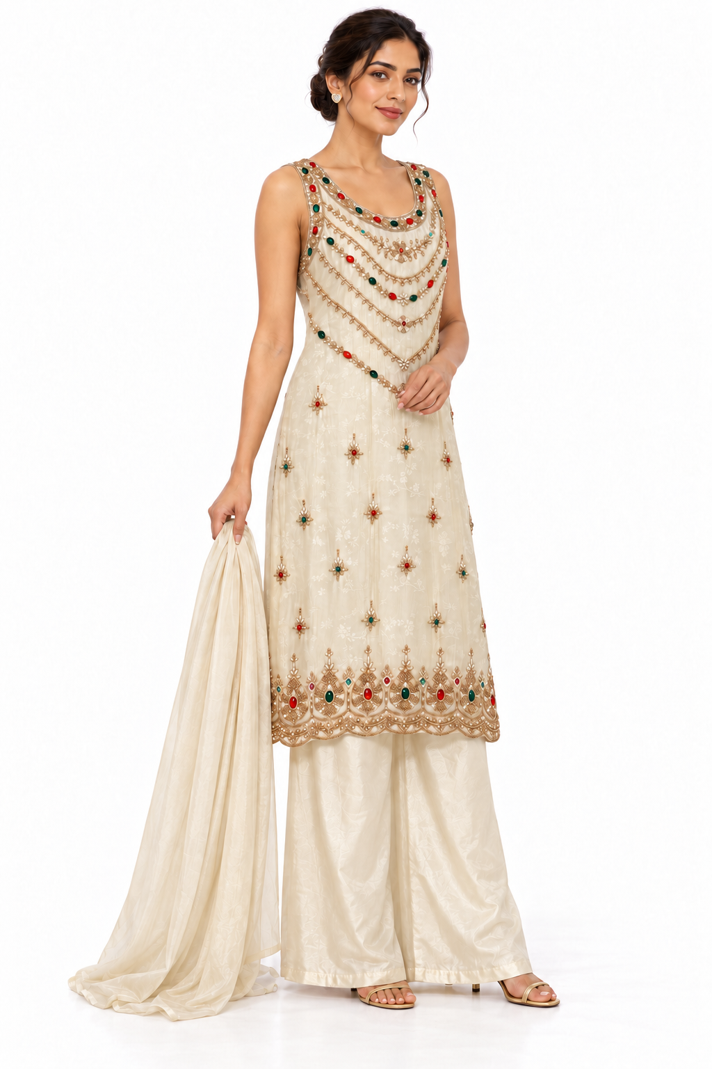 Ivory jewel embellished sleeveless kurta palazzo set, angled pose on white background; illustrative dupatta