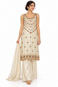 Ivory jewel embellished sleeveless kurta palazzo set, front pose on white background; illustrative dupatta