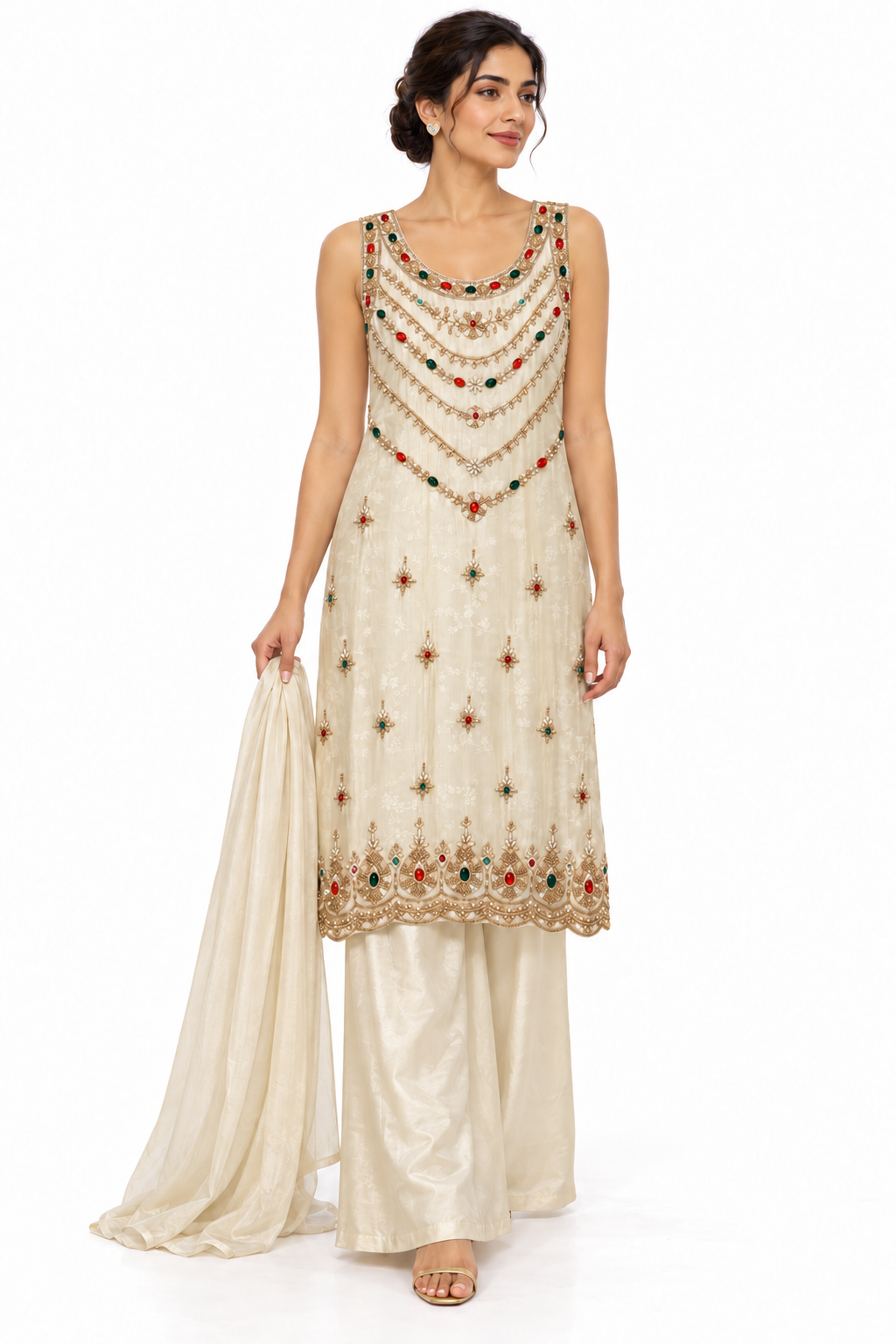 Ivory jewel embellished sleeveless kurta palazzo set, front pose on white background; illustrative dupatta