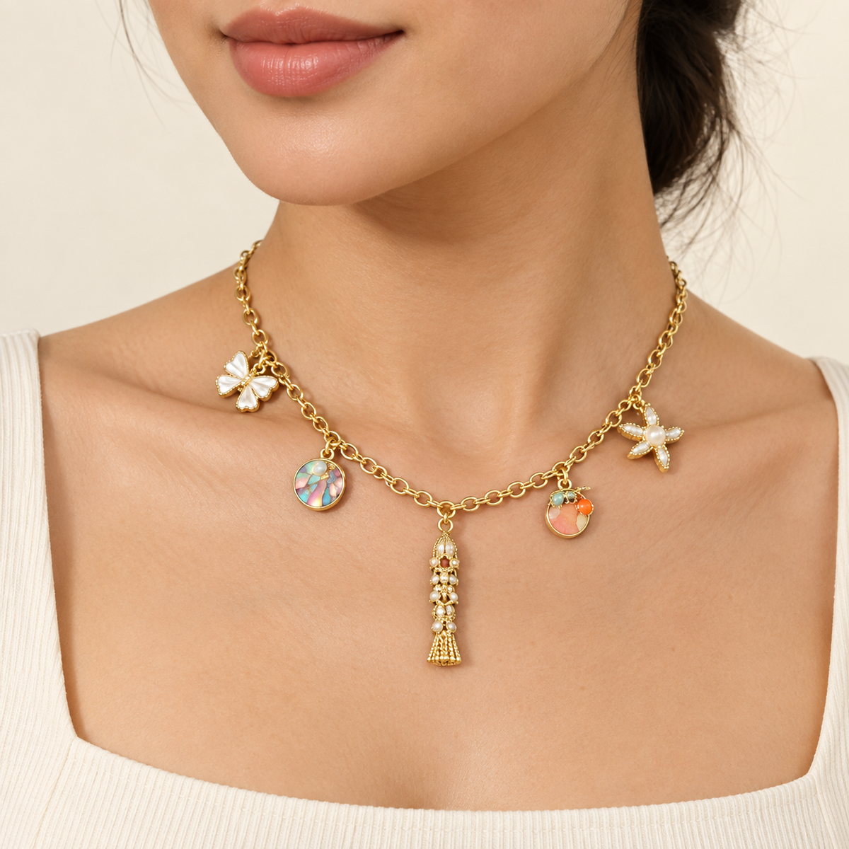 Golden Charm Y Necklace – Mystique — model image