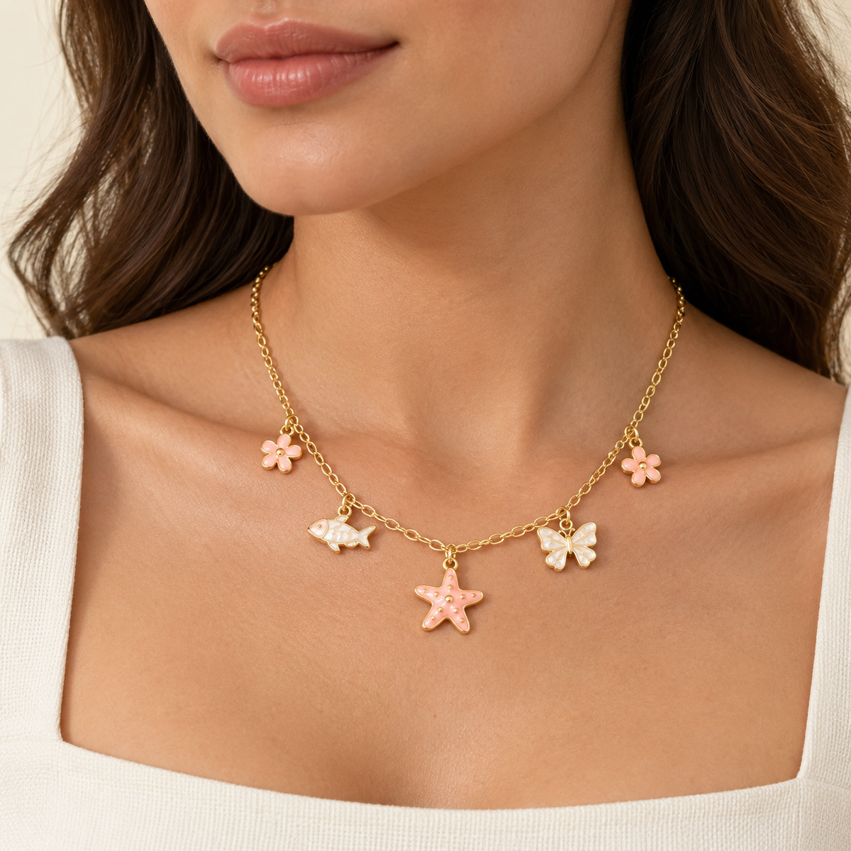 Golden Starfish Charm Necklace – Mystique — model image