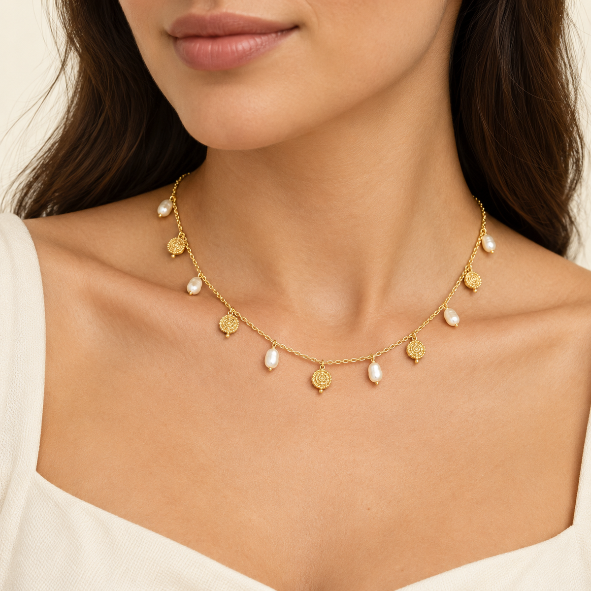 Golden Disc Station Necklace – Mystique — model image